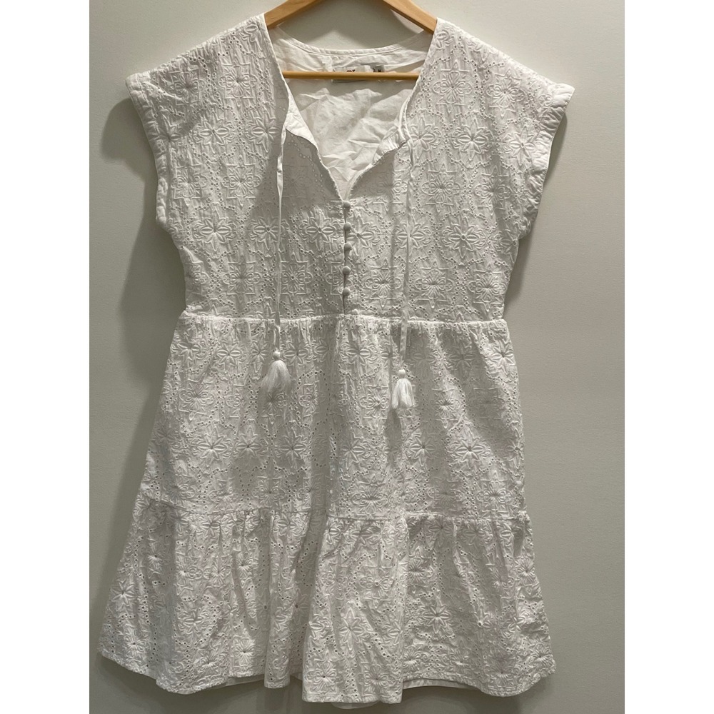 Vineyard Vines White Eyelet Tiered Dress Cotton Tassel Cap Sleeve Womens M - Picture 2 of 6